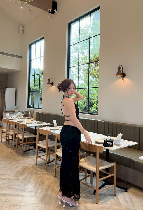 Two Piece Backless Strap Halter Neck Top with Skirt